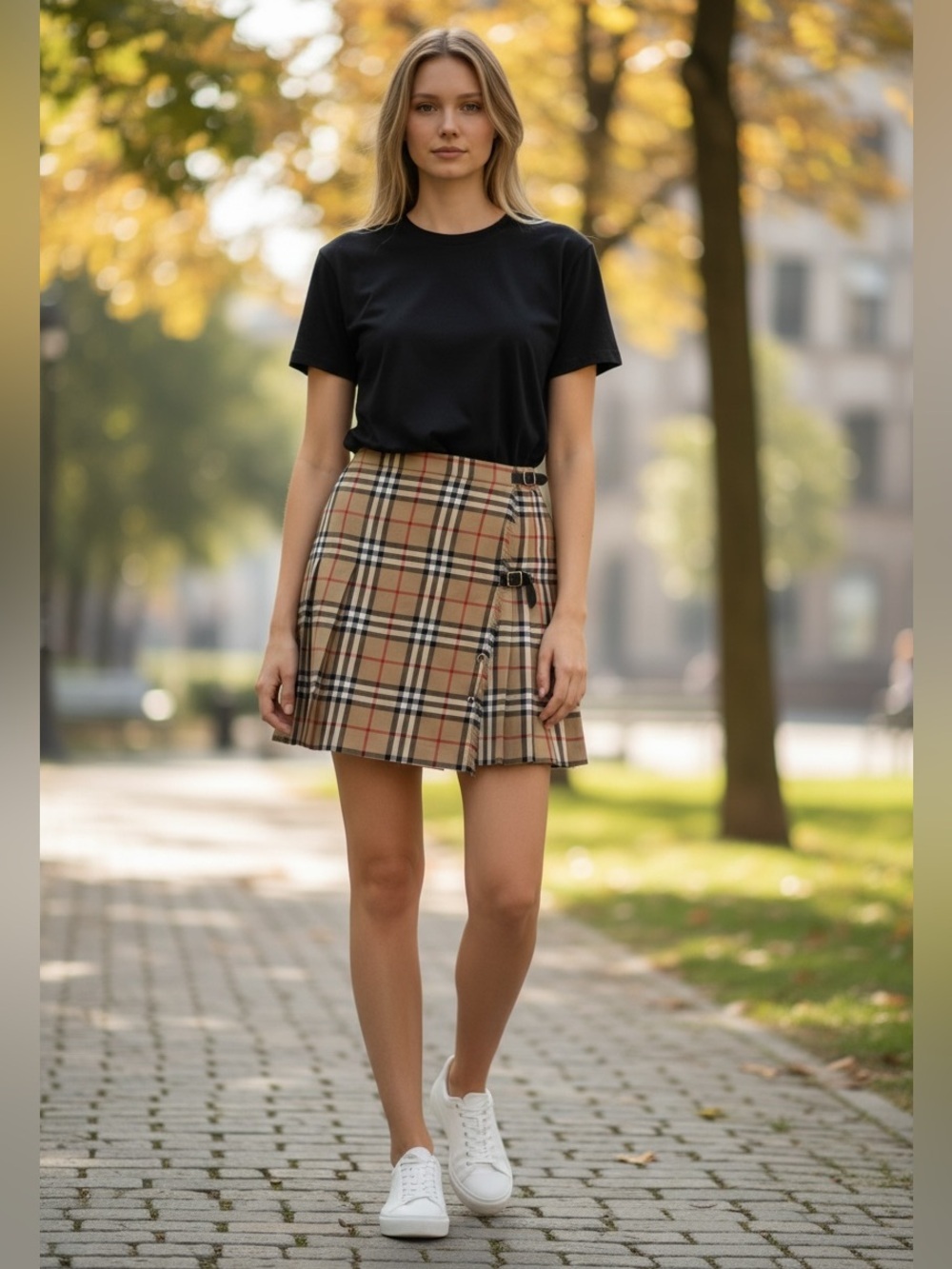 Vintage Burberry Beige Plaid Pleated Wrap Skirt with Buckle Detail size 10